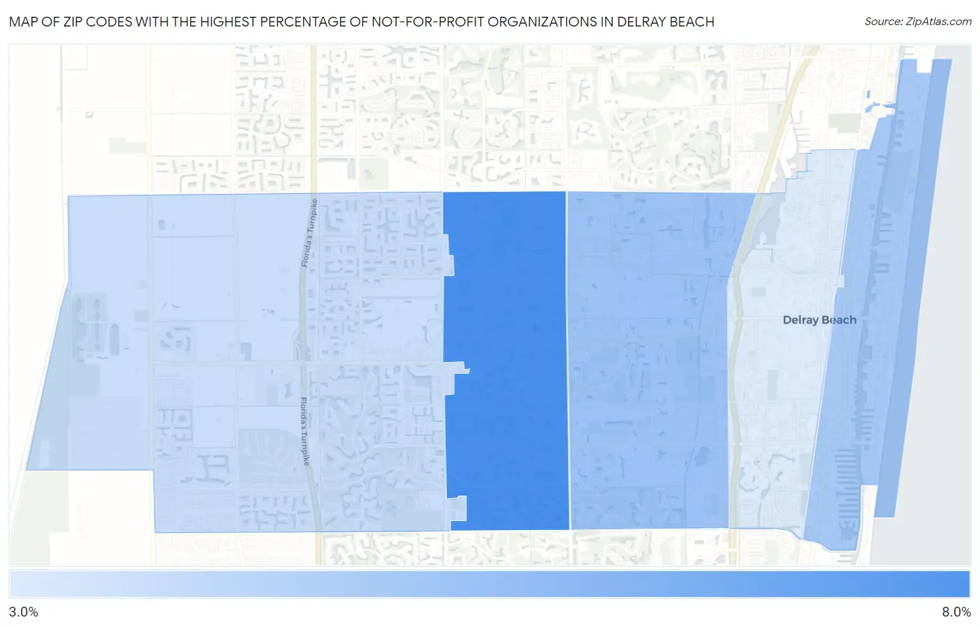 Zip Codes with the Highest Percentage of Not-for-profit Organizations in Delray Beach Map