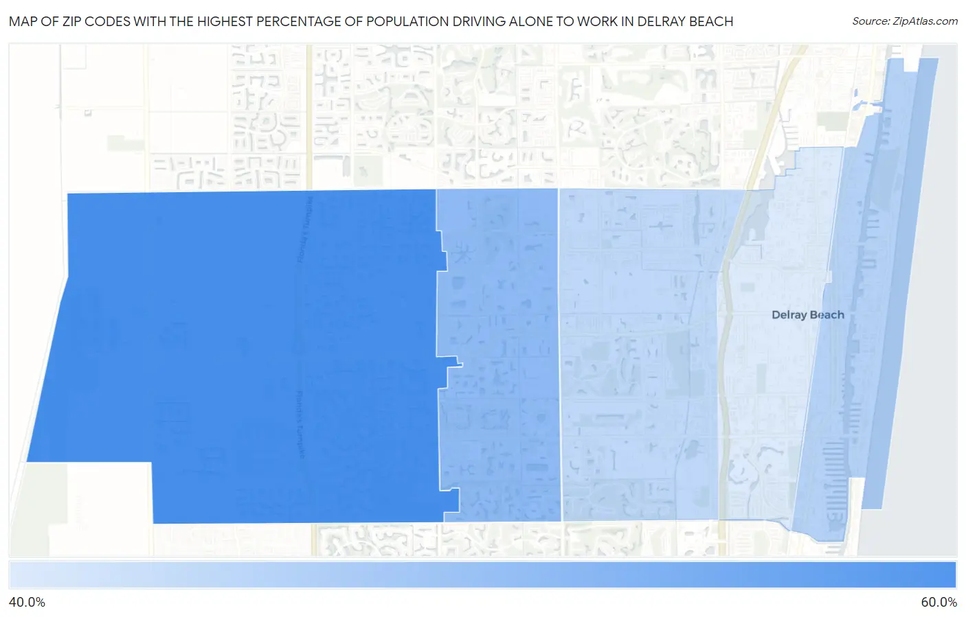 Zip Codes with the Highest Percentage of Population Driving Alone to Work in Delray Beach Map