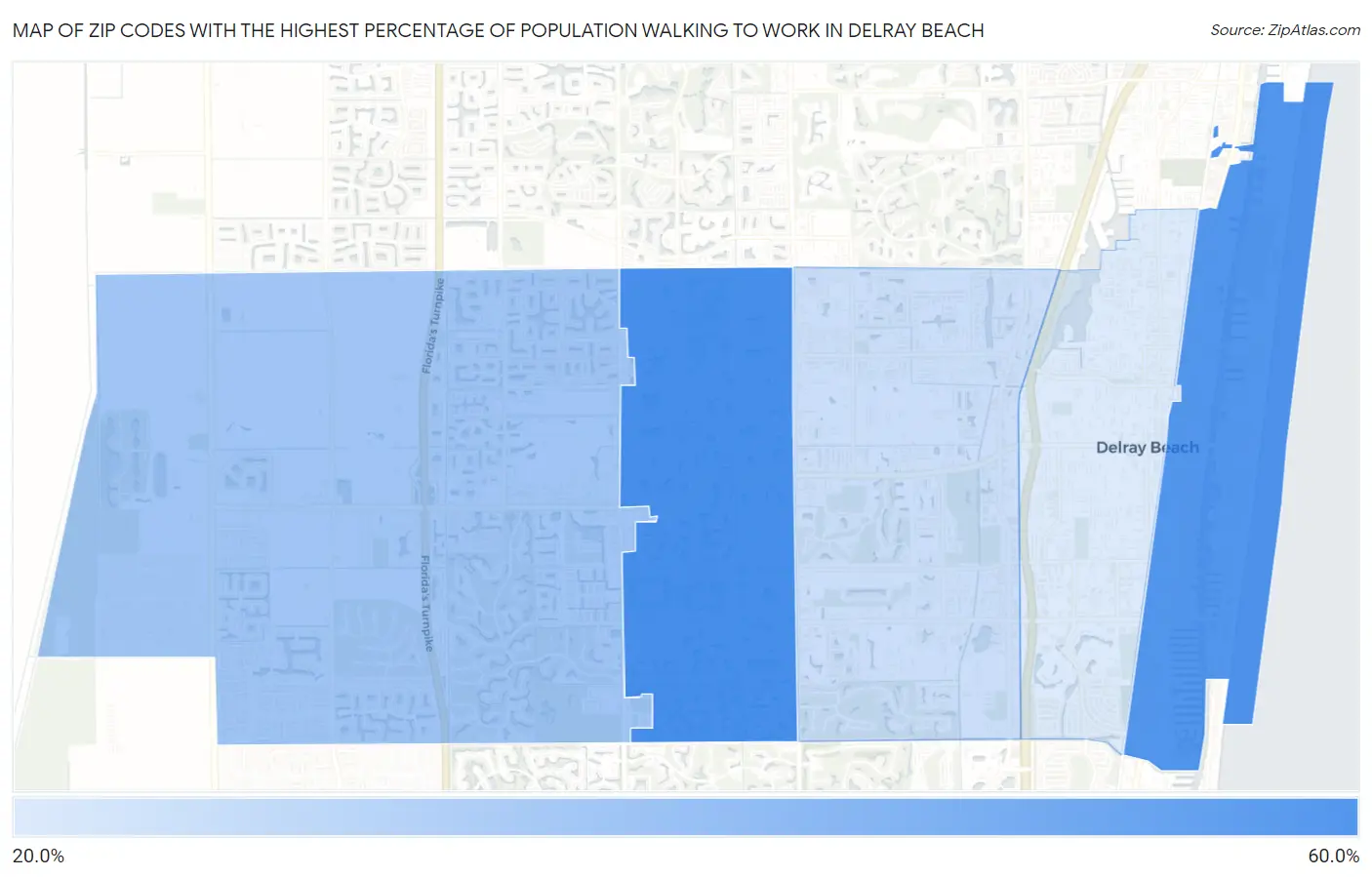 Zip Codes with the Highest Percentage of Population Walking to Work in Delray Beach Map