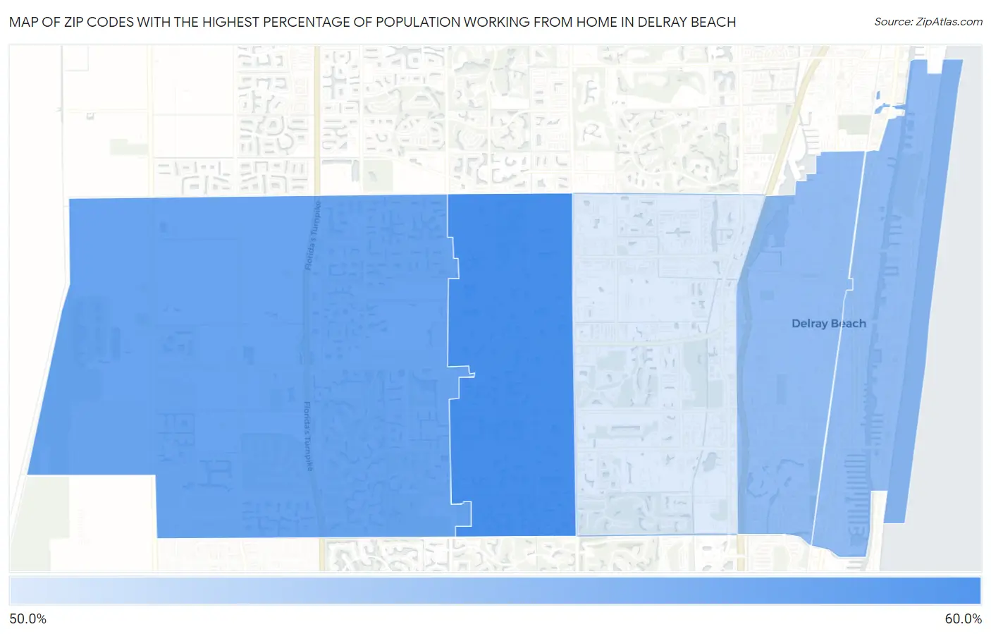 Zip Codes with the Highest Percentage of Population Working from Home in Delray Beach Map