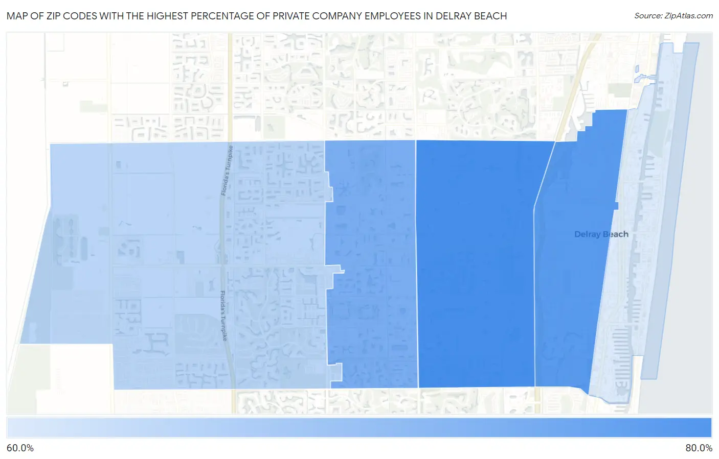 Zip Codes with the Highest Percentage of Private Company Employees in Delray Beach Map