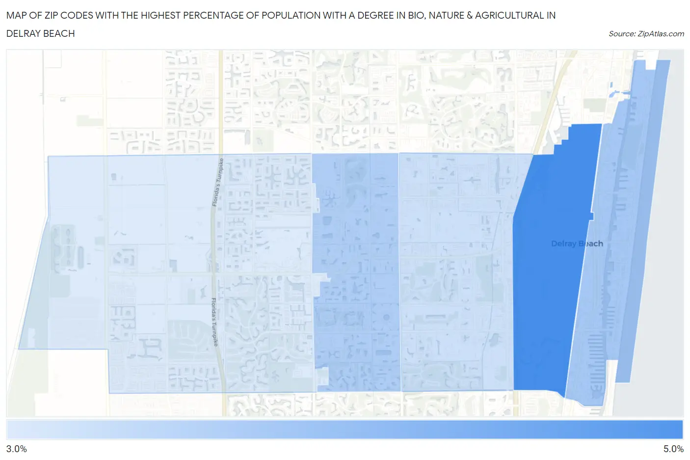 Zip Codes with the Highest Percentage of Population with a Degree in Bio, Nature & Agricultural in Delray Beach Map