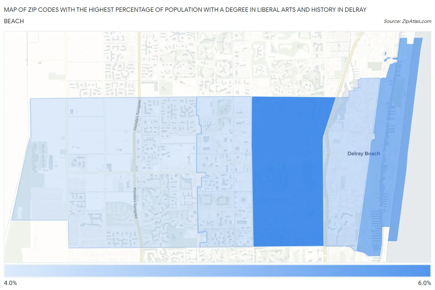 Zip Codes with the Highest Percentage of Population with a Degree in Liberal Arts and History in Delray Beach Map