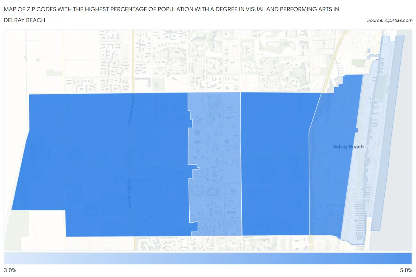 Zip Codes with the Highest Percentage of Population with a Degree in Visual and Performing Arts in Delray Beach Map