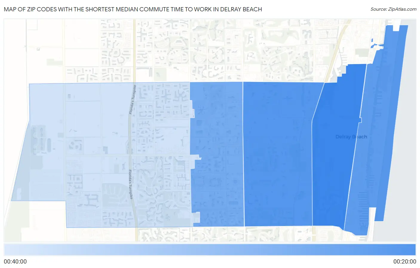 Zip Codes with the Shortest Median Commute Time to Work in Delray Beach Map