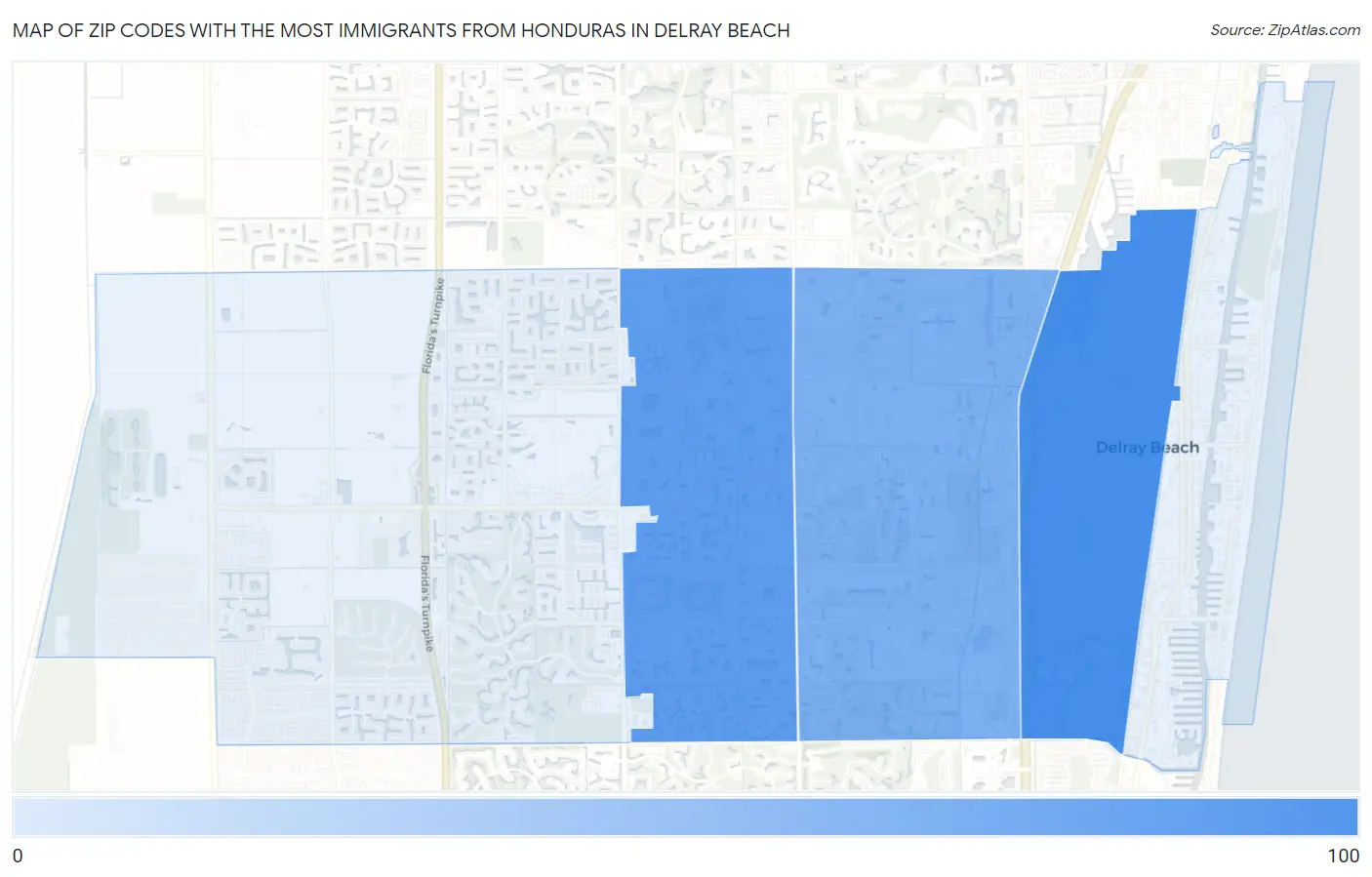 Zip Codes with the Most Immigrants from Honduras in Delray Beach Map