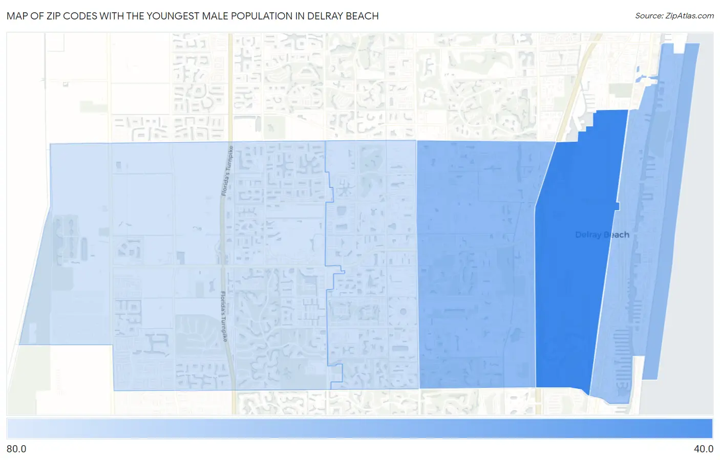 Zip Codes with the Youngest Male Population in Delray Beach Map