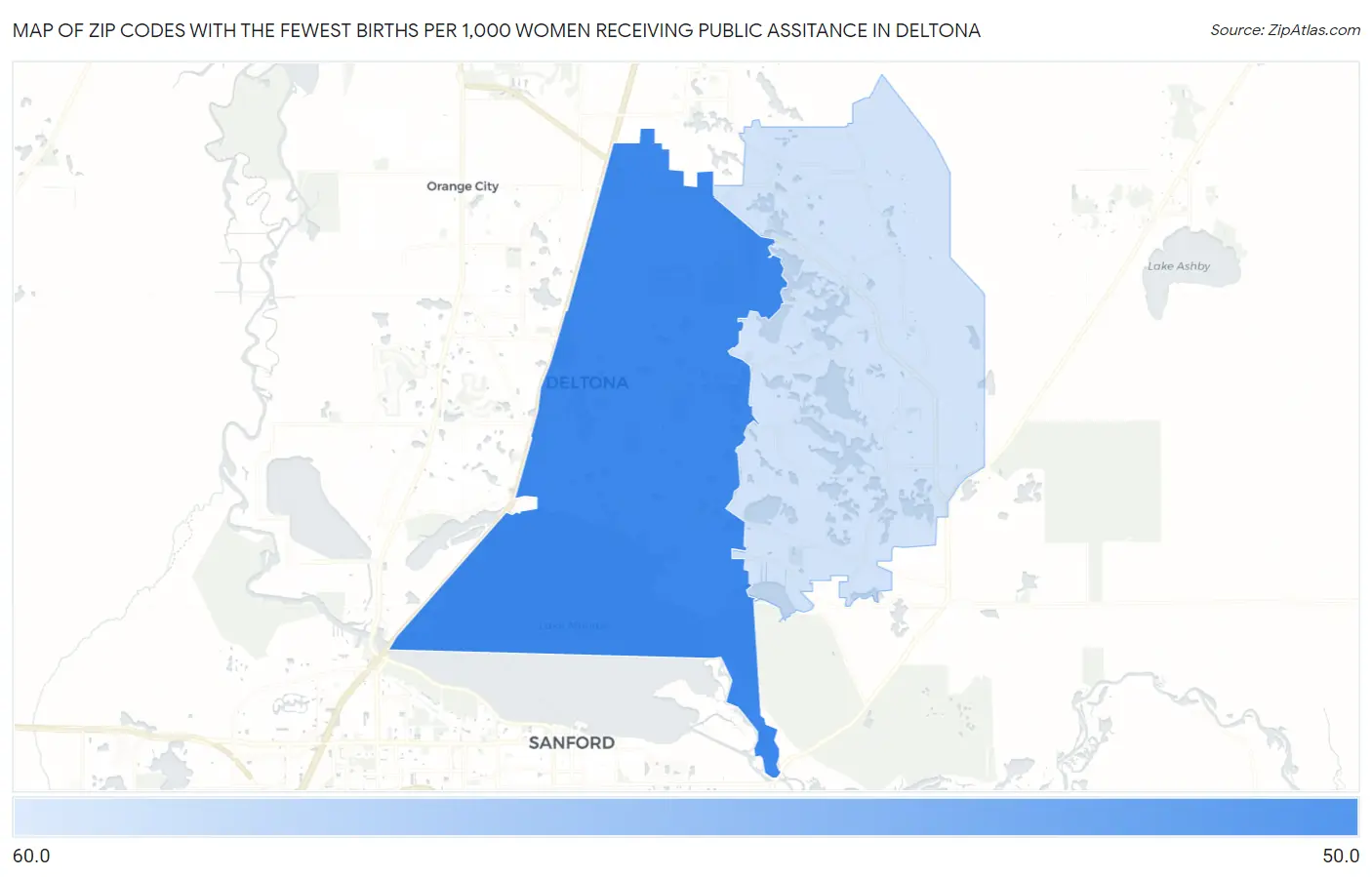 Zip Codes with the Fewest Births per 1,000 Women Receiving Public Assitance in Deltona Map