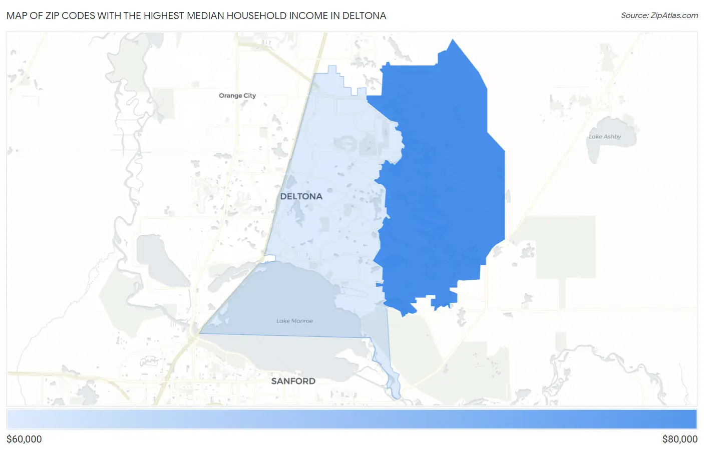Zip Codes with the Highest Median Household Income in Deltona Map