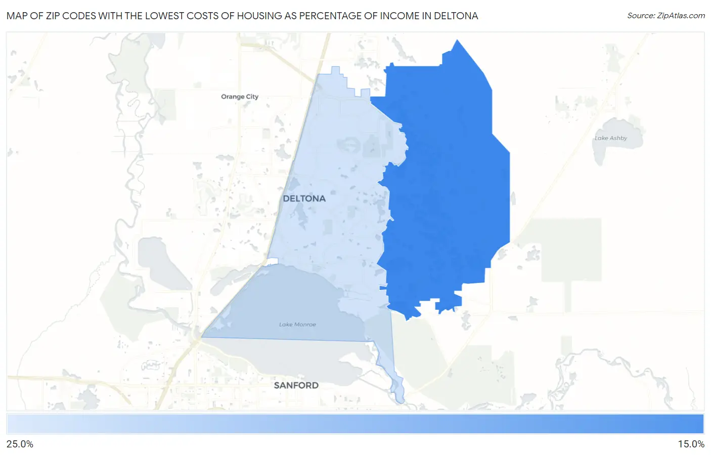 Zip Codes with the Lowest Costs of Housing as Percentage of Income in Deltona Map