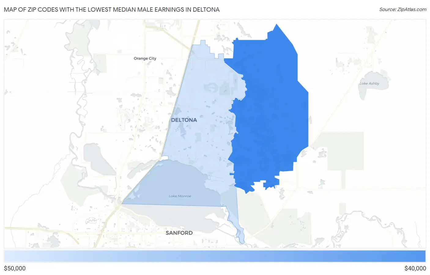 Zip Codes with the Lowest Median Male Earnings in Deltona Map