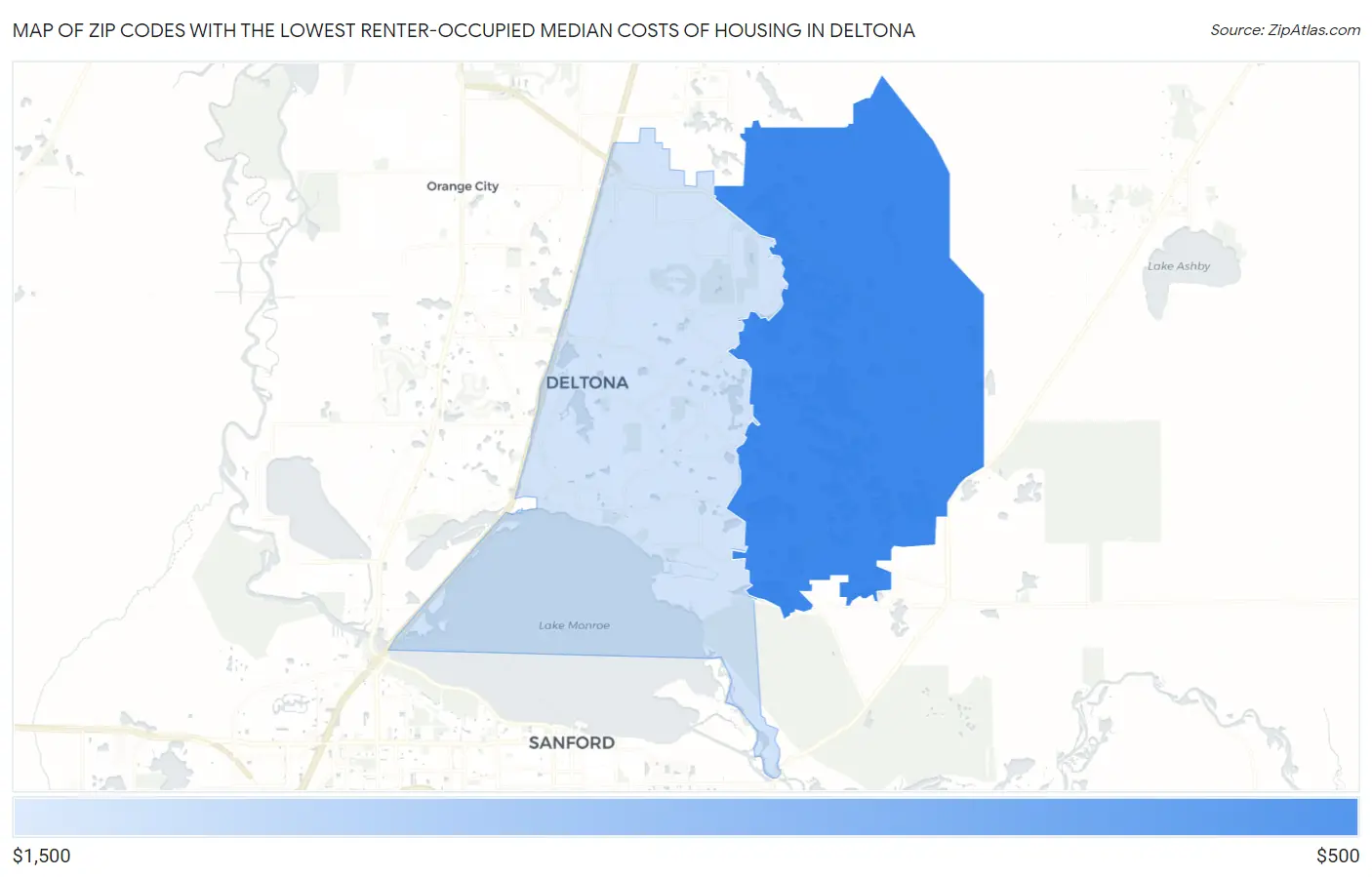 Zip Codes with the Lowest Renter-Occupied Median Costs of Housing in Deltona Map