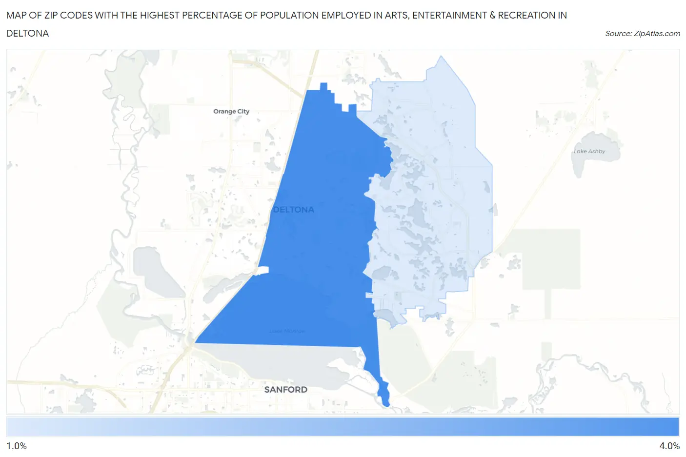Zip Codes with the Highest Percentage of Population Employed in Arts, Entertainment & Recreation in Deltona Map