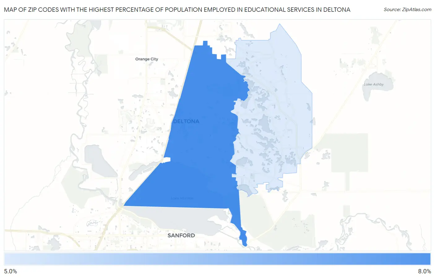 Zip Codes with the Highest Percentage of Population Employed in Educational Services in Deltona Map