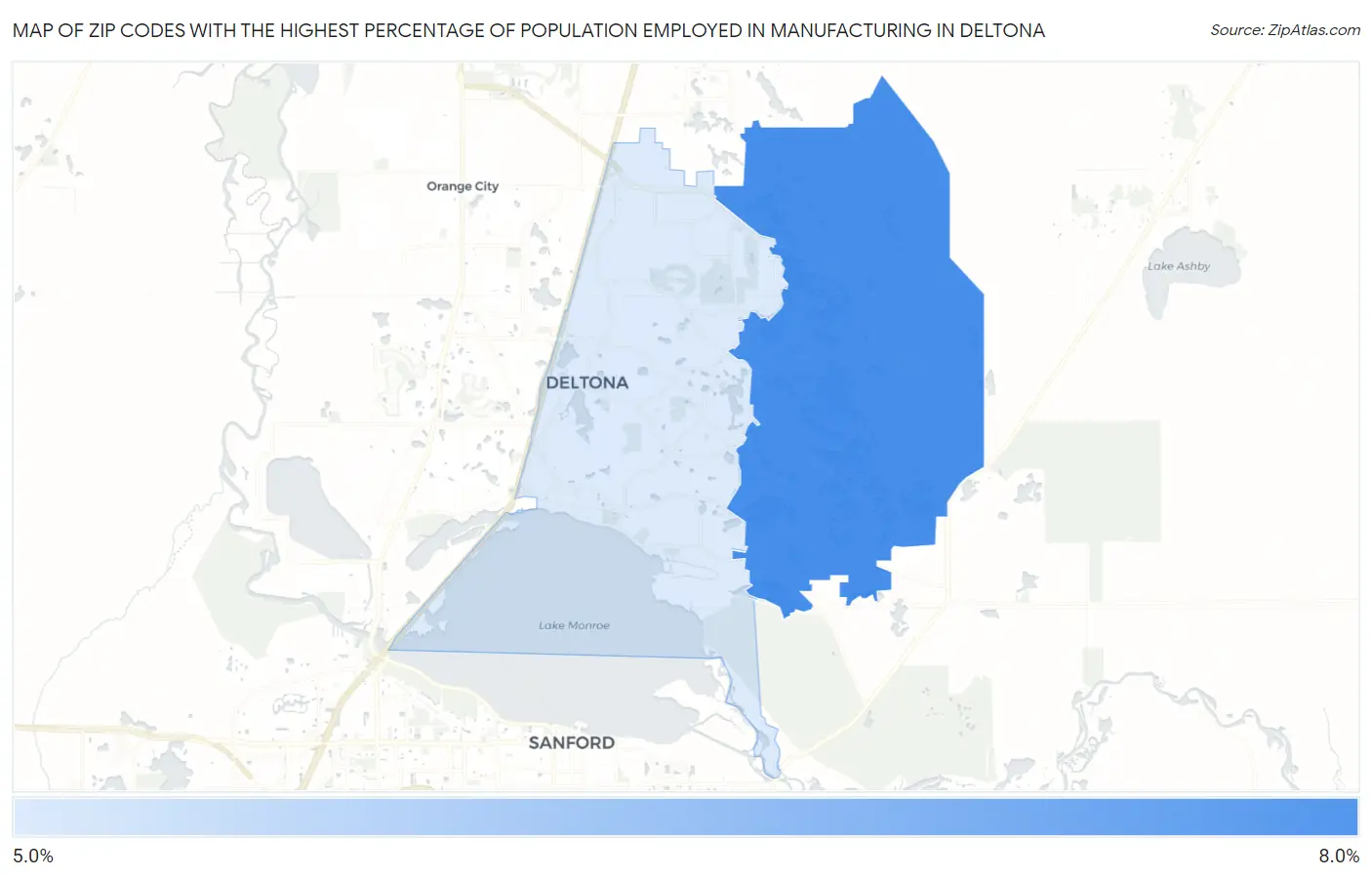 Zip Codes with the Highest Percentage of Population Employed in Manufacturing in Deltona Map