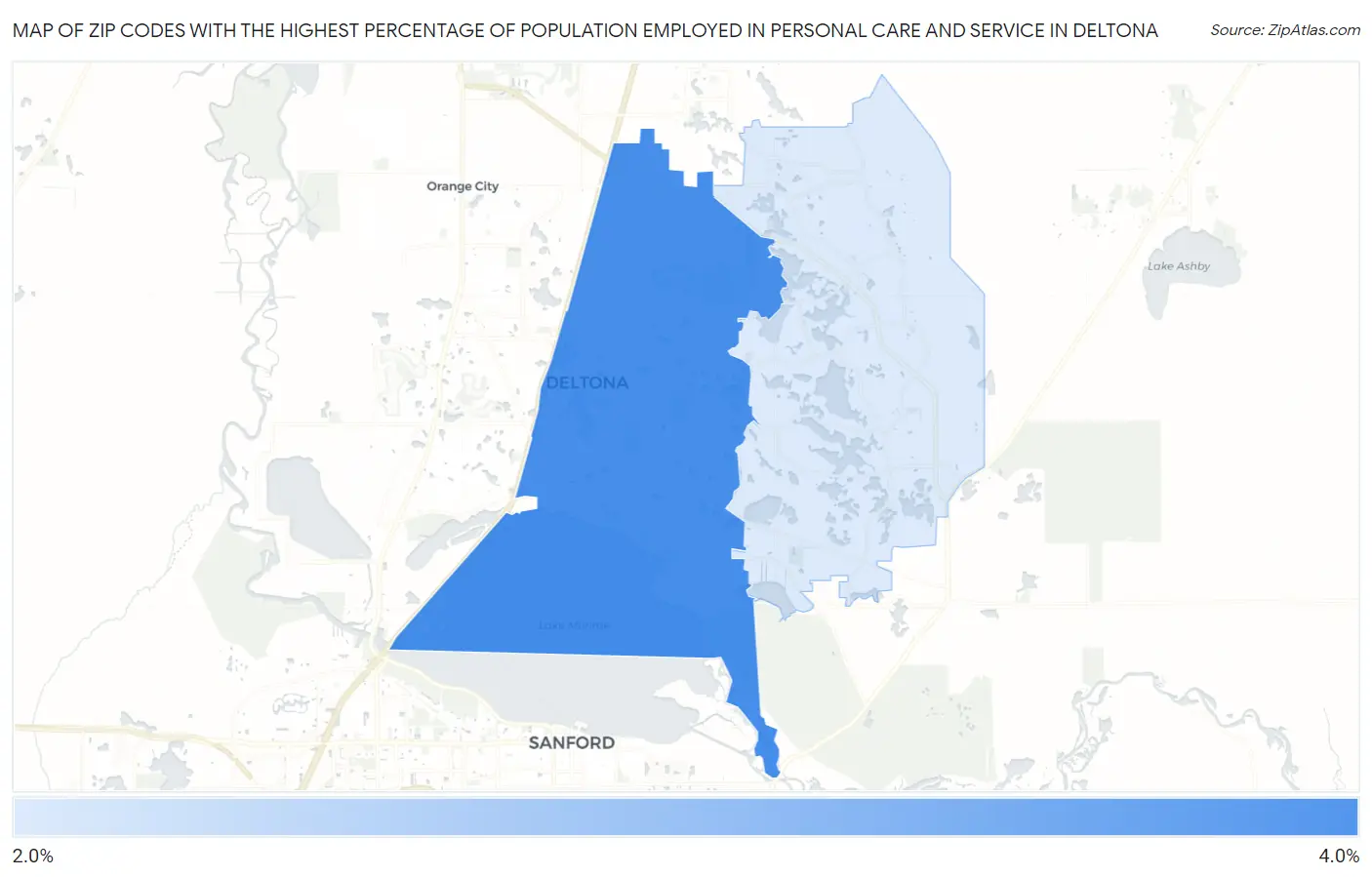 Zip Codes with the Highest Percentage of Population Employed in Personal Care and Service in Deltona Map