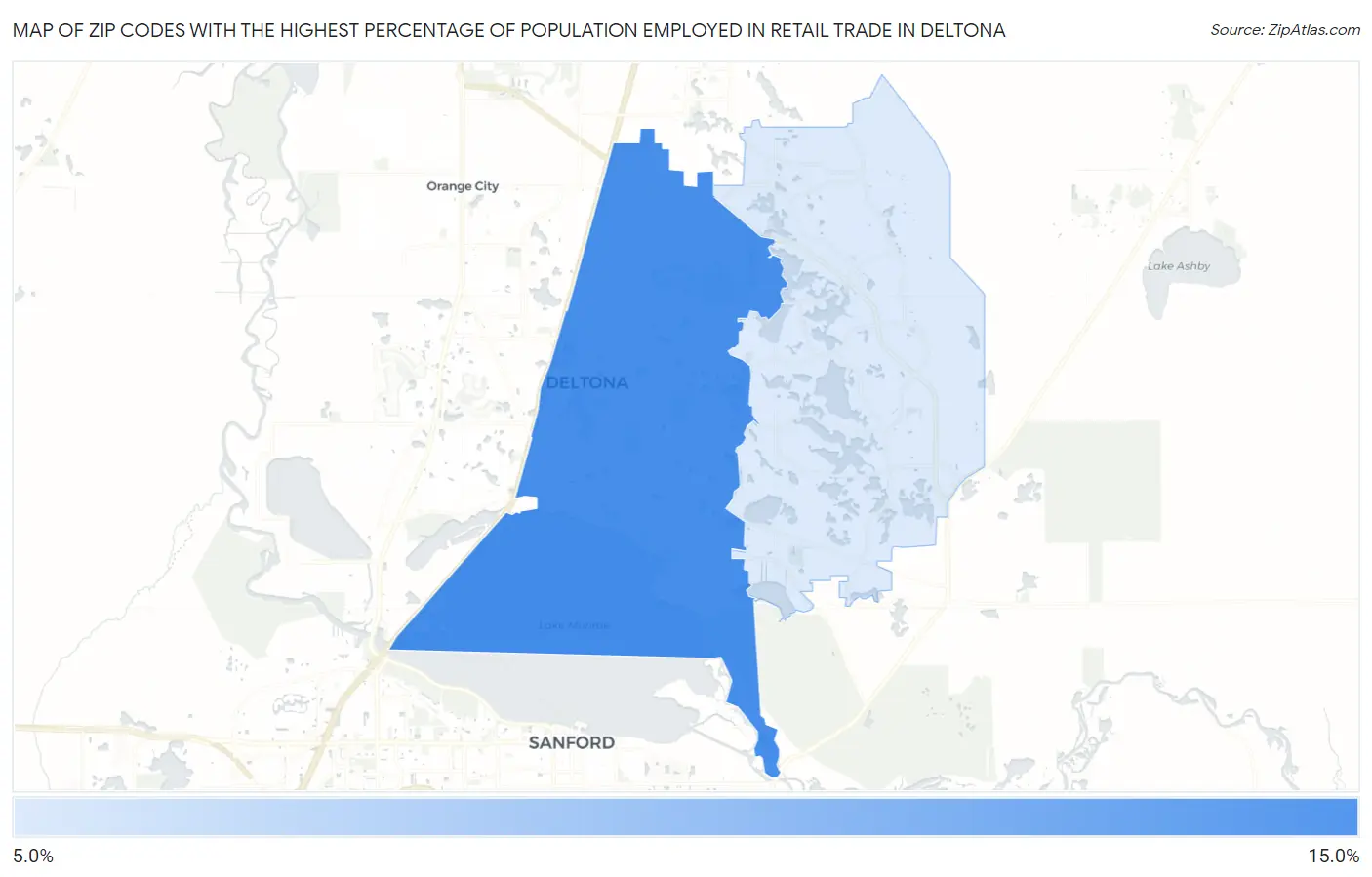 Zip Codes with the Highest Percentage of Population Employed in Retail Trade in Deltona Map