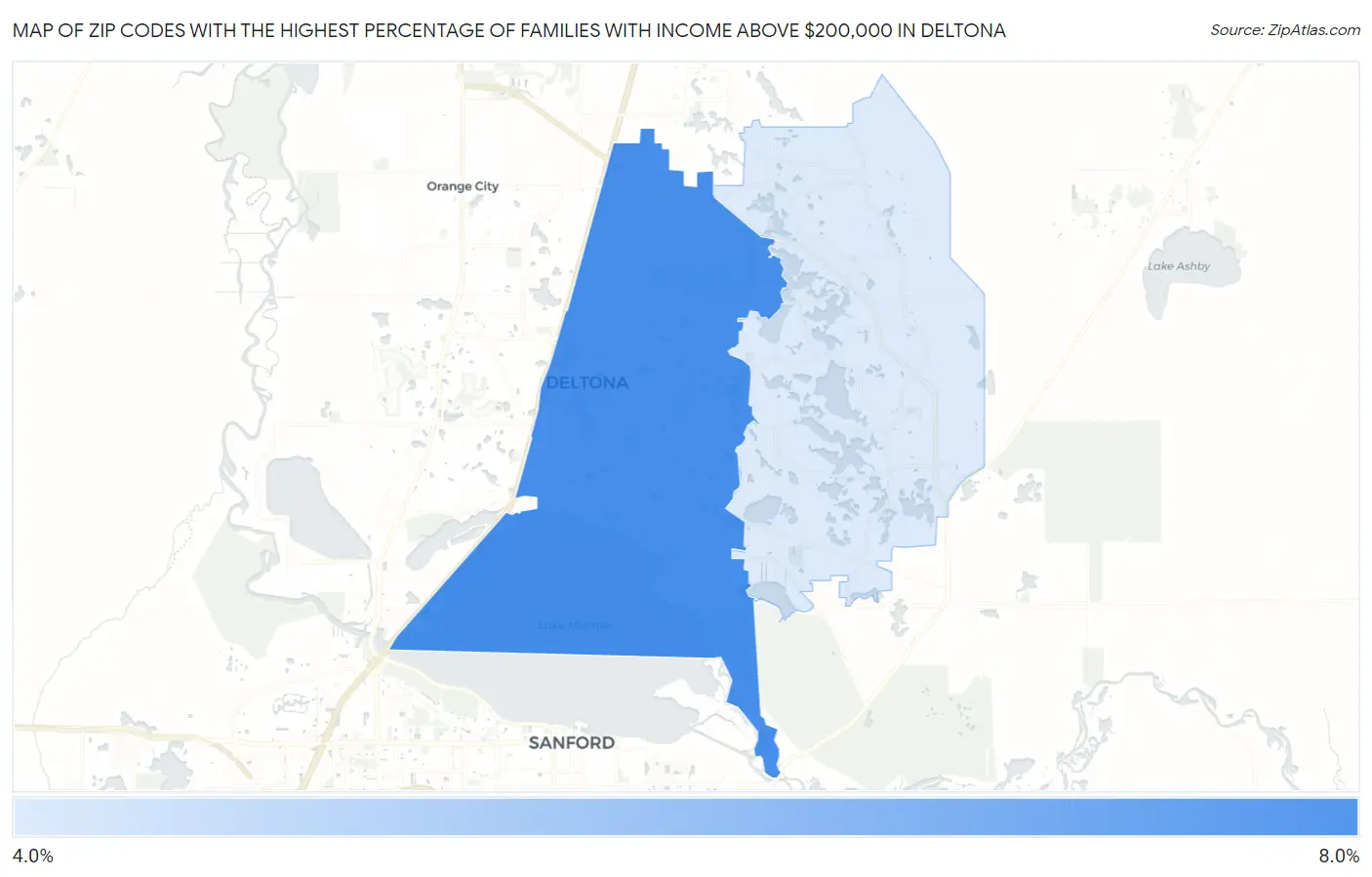 Zip Codes with the Highest Percentage of Families with Income Above $200,000 in Deltona Map