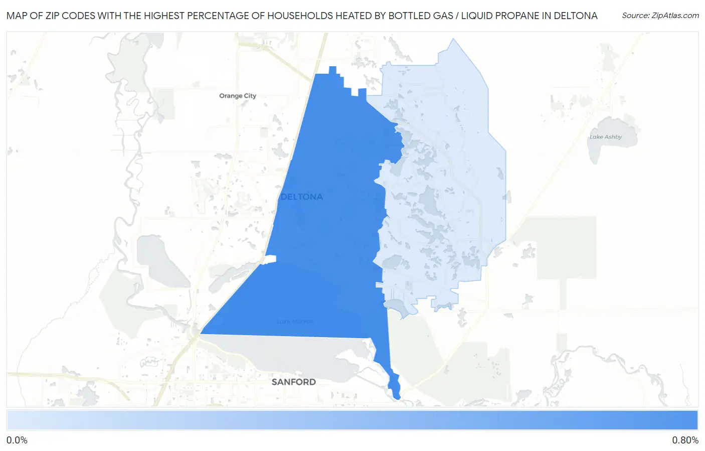 Zip Codes with the Highest Percentage of Households Heated by Bottled Gas / Liquid Propane in Deltona Map