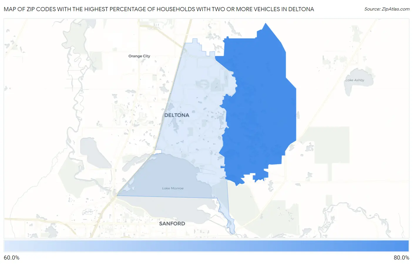 Zip Codes with the Highest Percentage of Households With Two or more Vehicles in Deltona Map