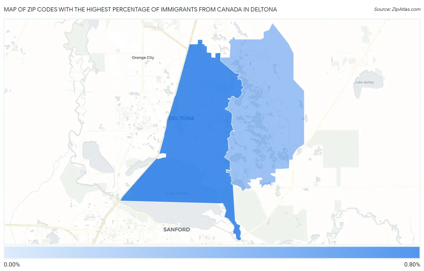 Zip Codes with the Highest Percentage of Immigrants from Canada in Deltona Map