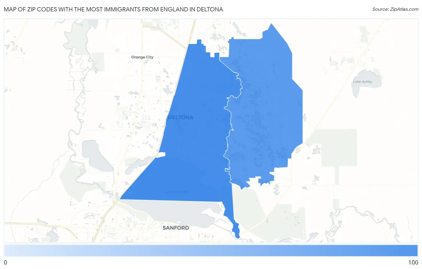 Zip Codes with the Most Immigrants from England in Deltona Map