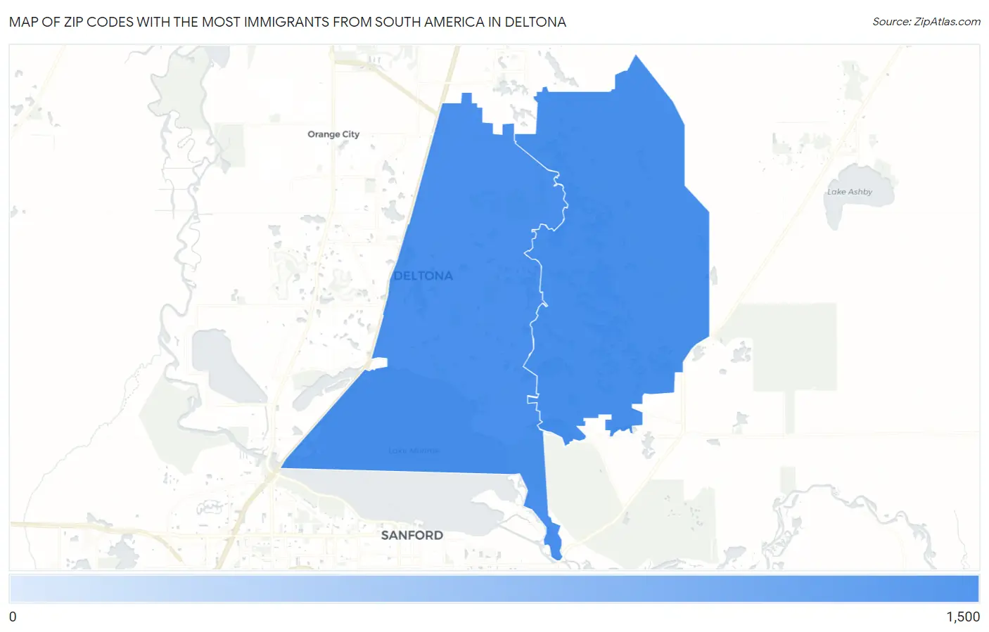 Zip Codes with the Most Immigrants from South America in Deltona Map