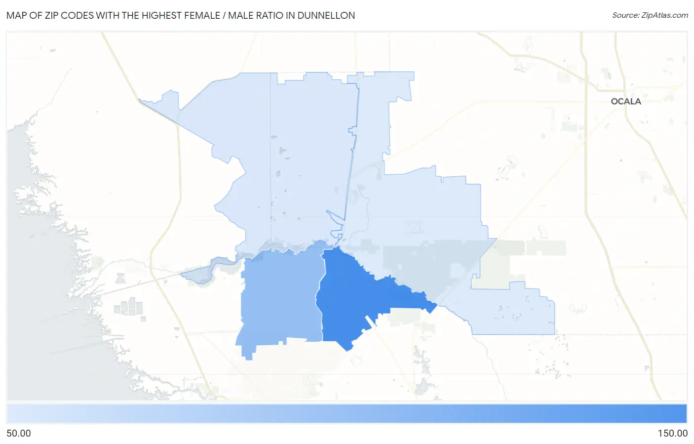 Zip Codes with the Highest Female / Male Ratio in Dunnellon Map