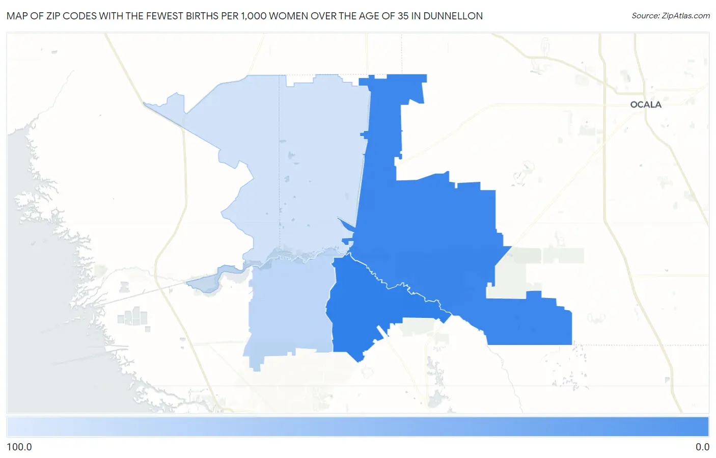 Zip Codes with the Fewest Births per 1,000 Women Over the Age of 35 in Dunnellon Map
