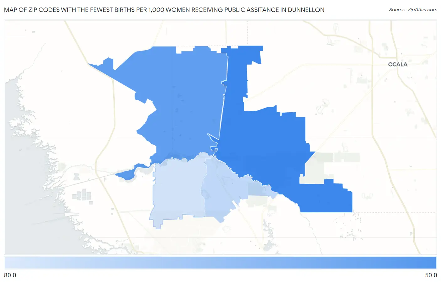 Zip Codes with the Fewest Births per 1,000 Women Receiving Public Assitance in Dunnellon Map