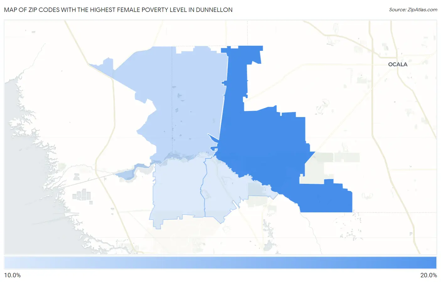 Zip Codes with the Highest Female Poverty Level in Dunnellon Map