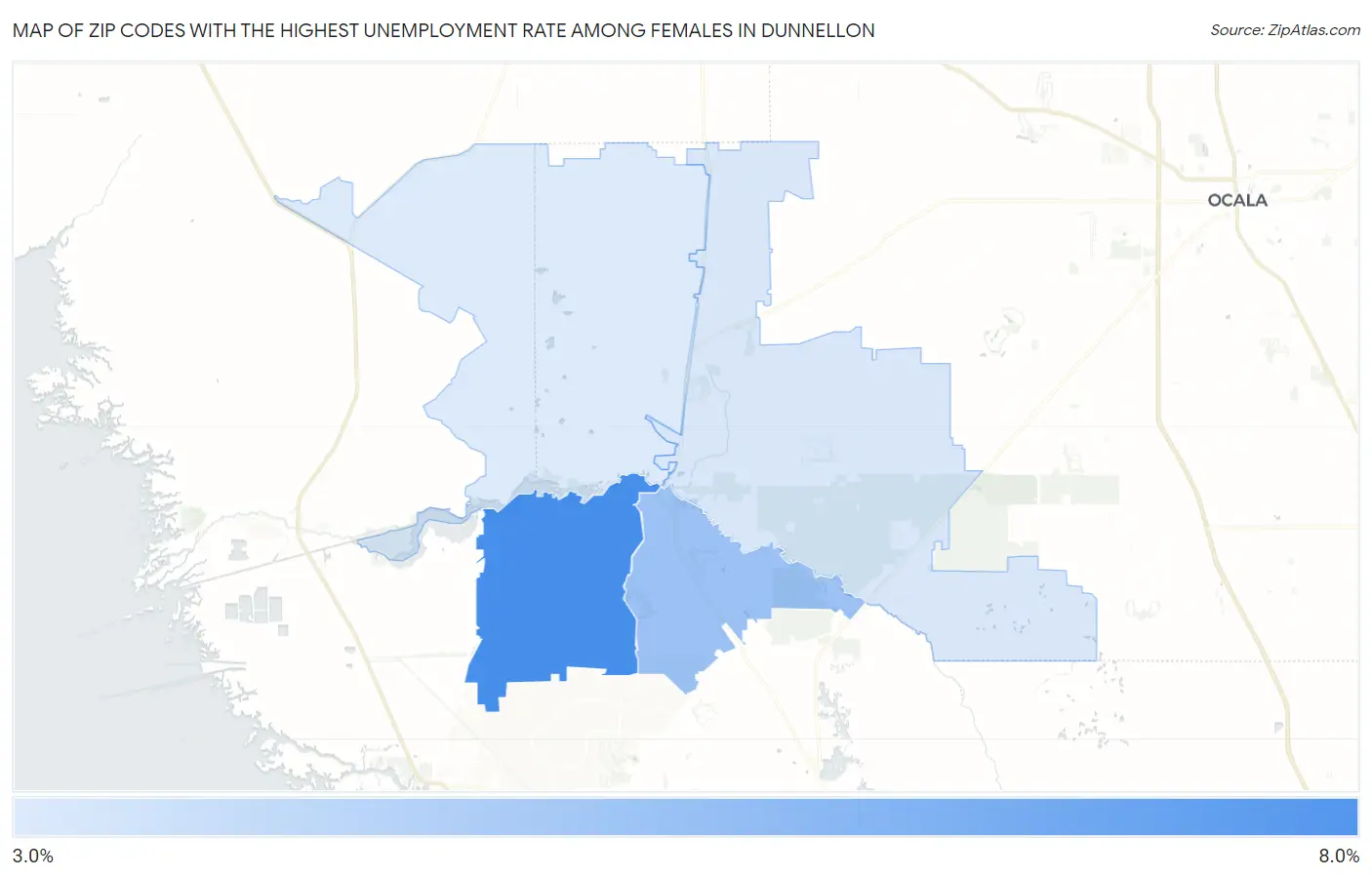 Zip Codes with the Highest Unemployment Rate Among Females in Dunnellon Map