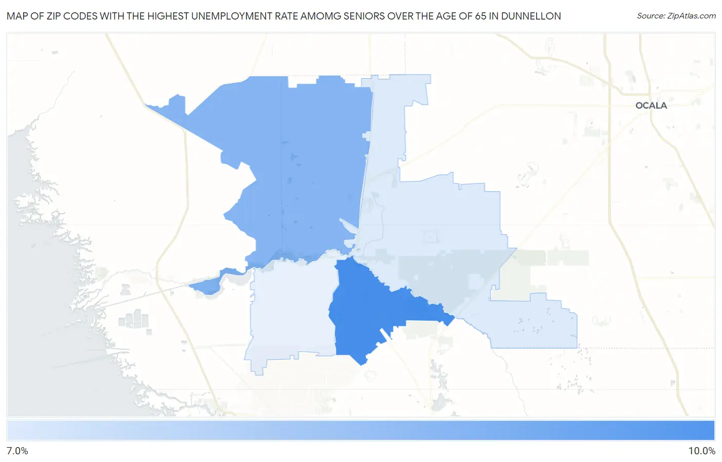 Zip Codes with the Highest Unemployment Rate Amomg Seniors Over the Age of 65 in Dunnellon Map