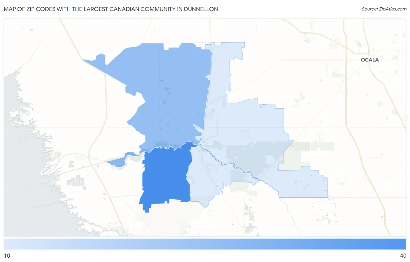 Zip Codes with the Largest Canadian Community in Dunnellon Map