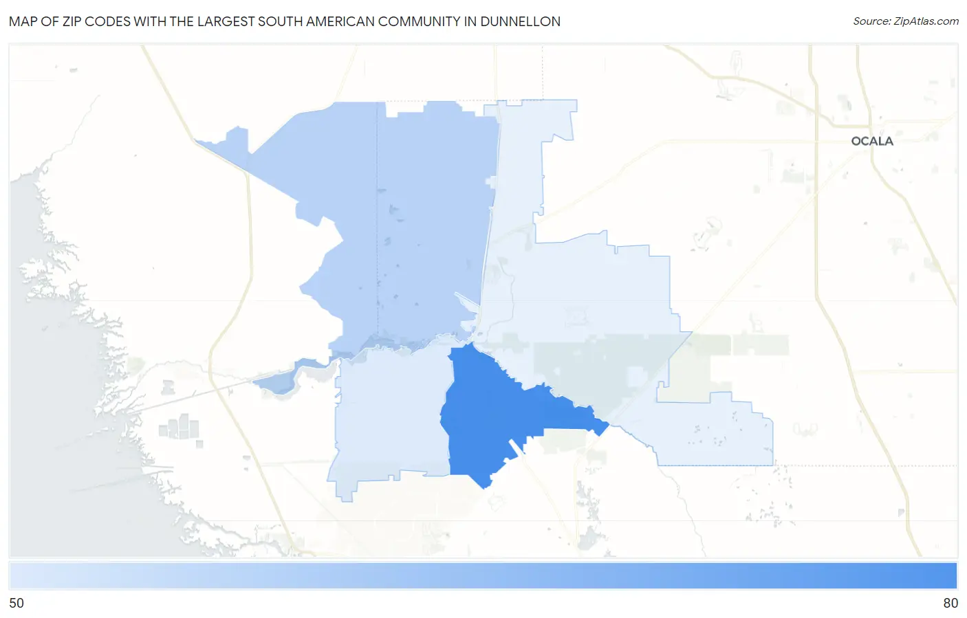 Zip Codes with the Largest South American Community in Dunnellon Map