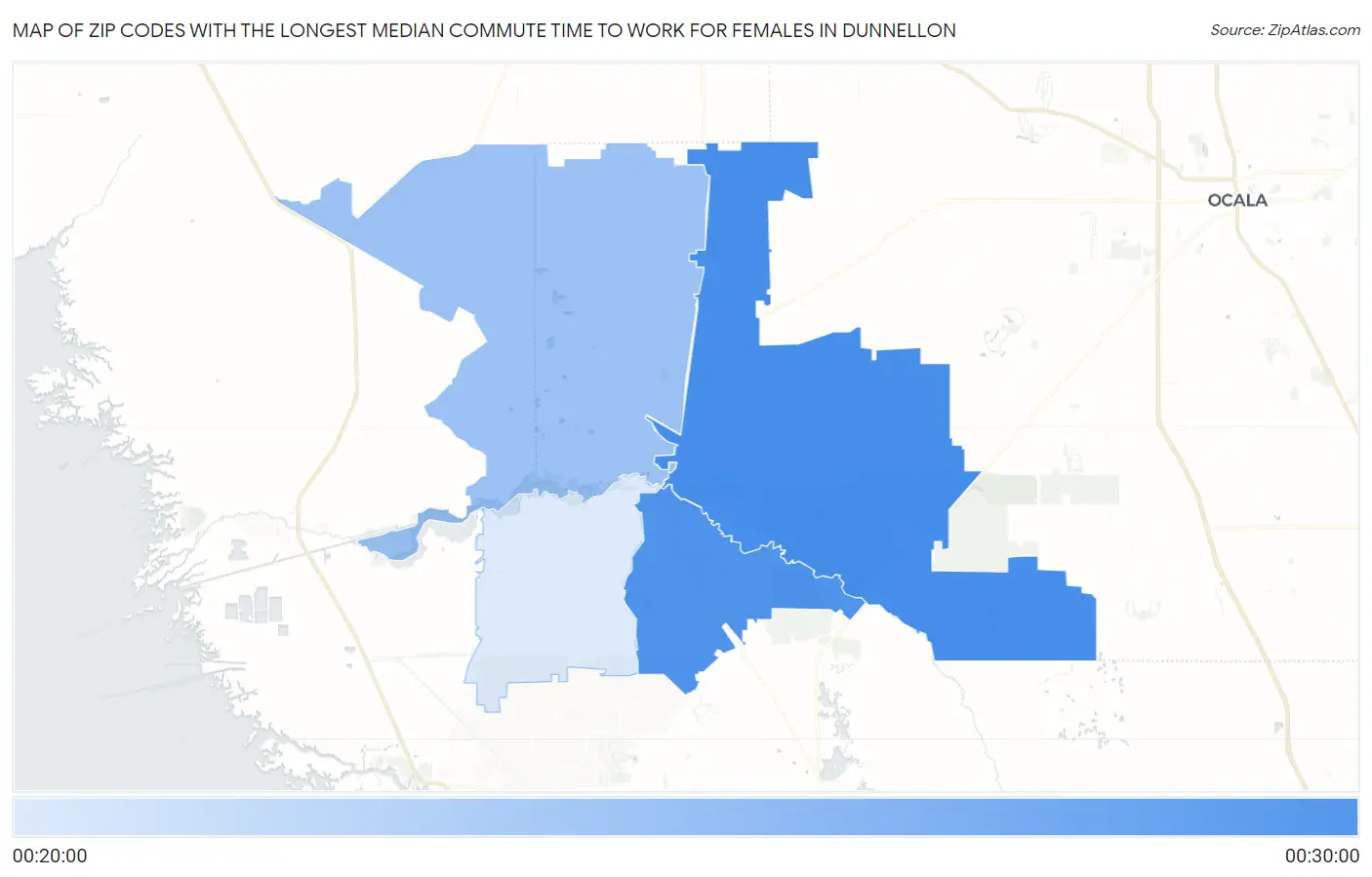 Zip Codes with the Longest Median Commute Time to Work for Females in Dunnellon Map