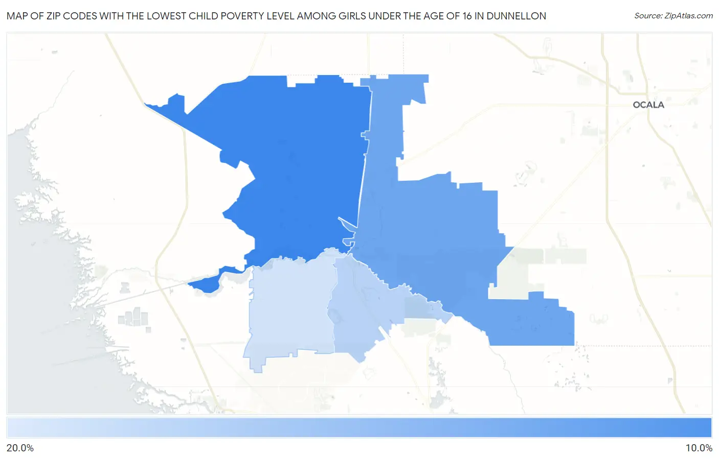 Zip Codes with the Lowest Child Poverty Level Among Girls Under the Age of 16 in Dunnellon Map