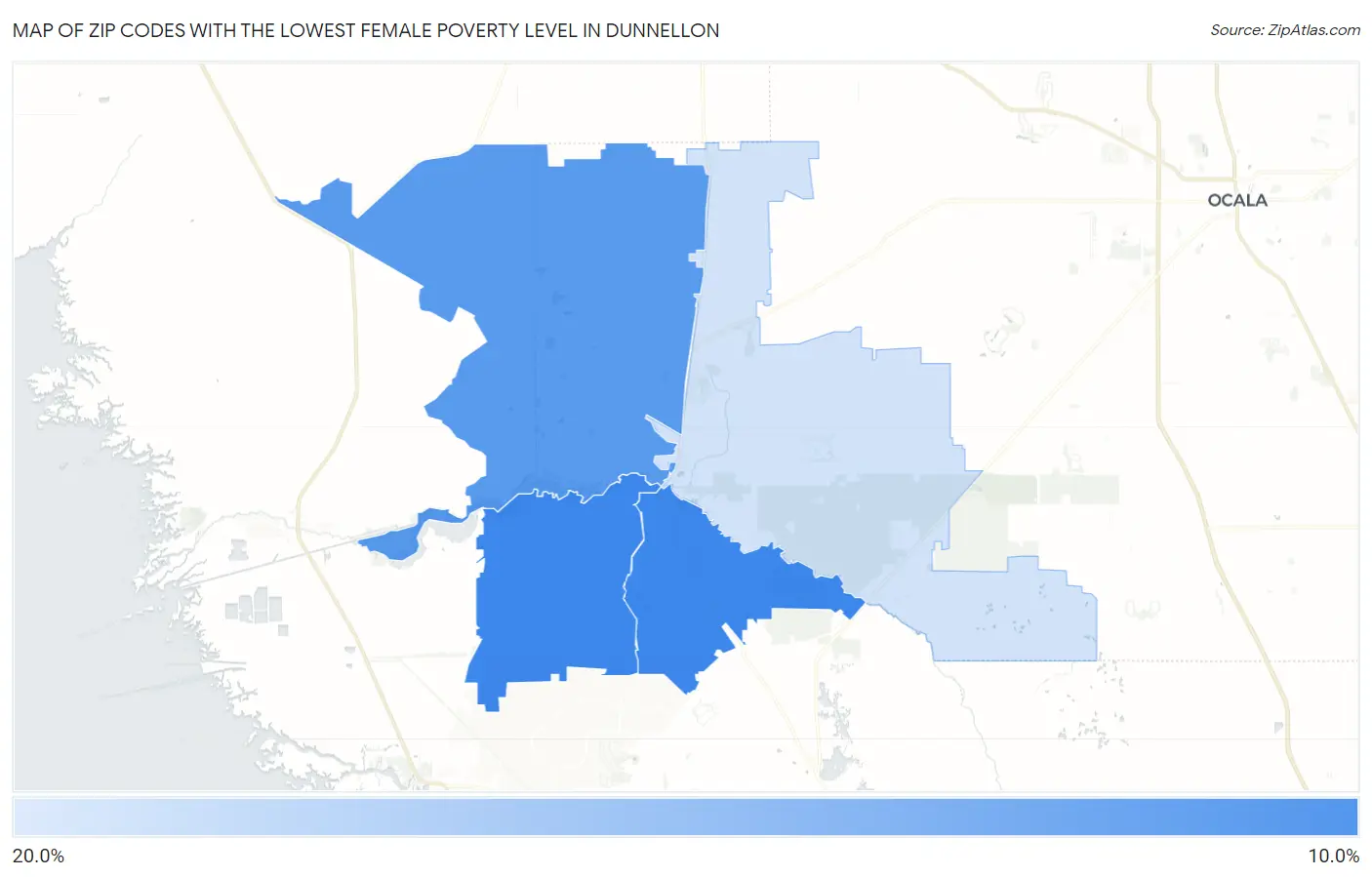 Zip Codes with the Lowest Female Poverty Level in Dunnellon Map