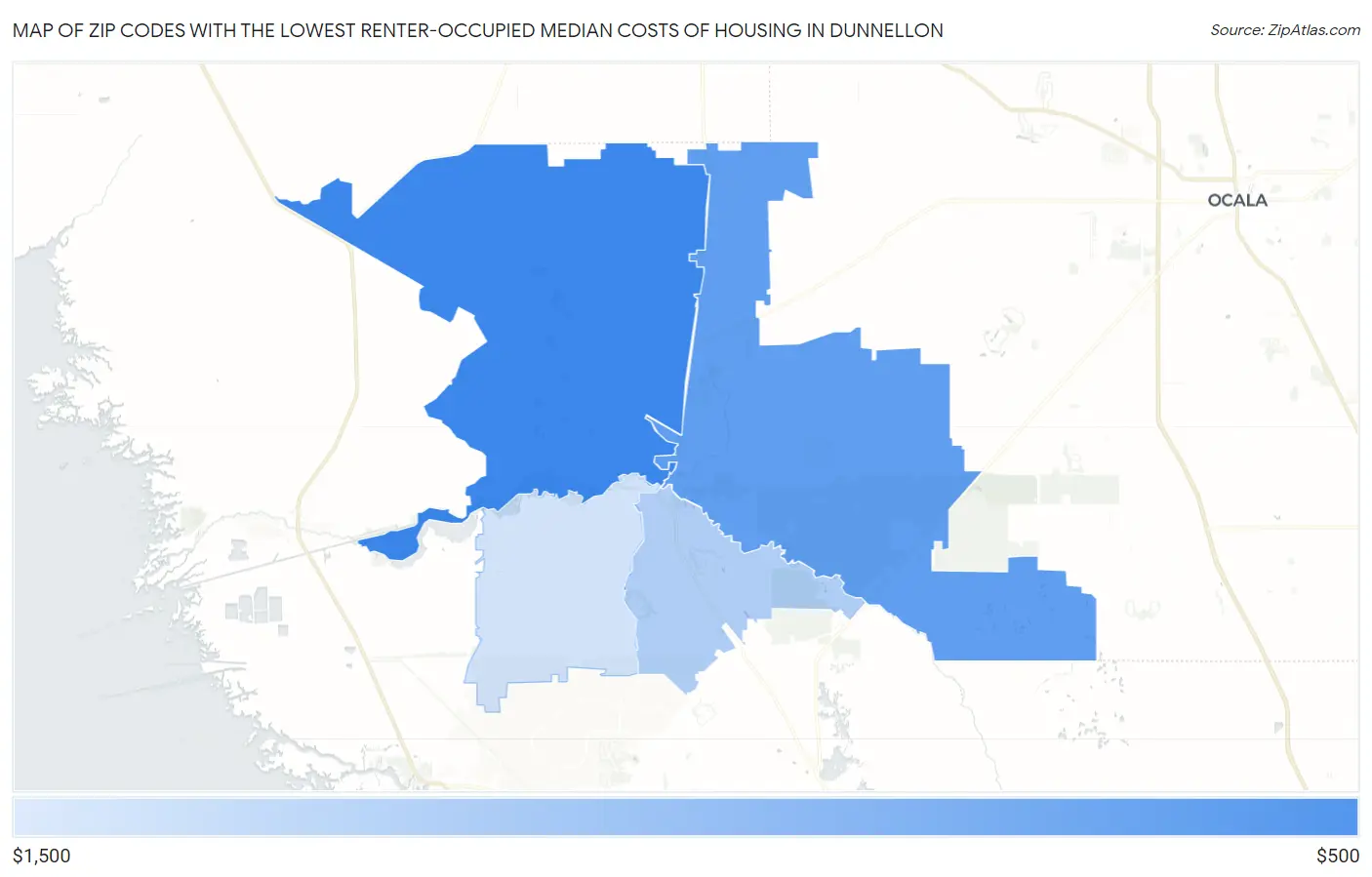 Zip Codes with the Lowest Renter-Occupied Median Costs of Housing in Dunnellon Map