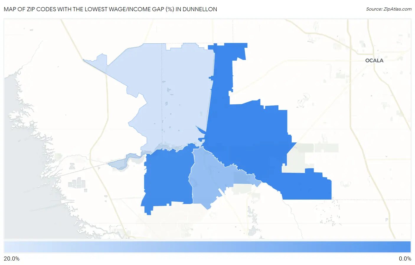 Zip Codes with the Lowest Wage/Income Gap (%) in Dunnellon Map