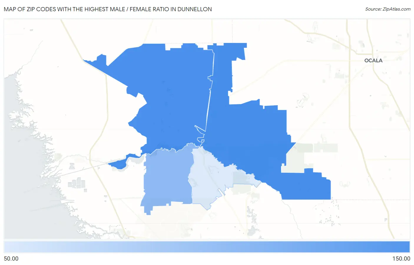 Zip Codes with the Highest Male / Female Ratio in Dunnellon Map