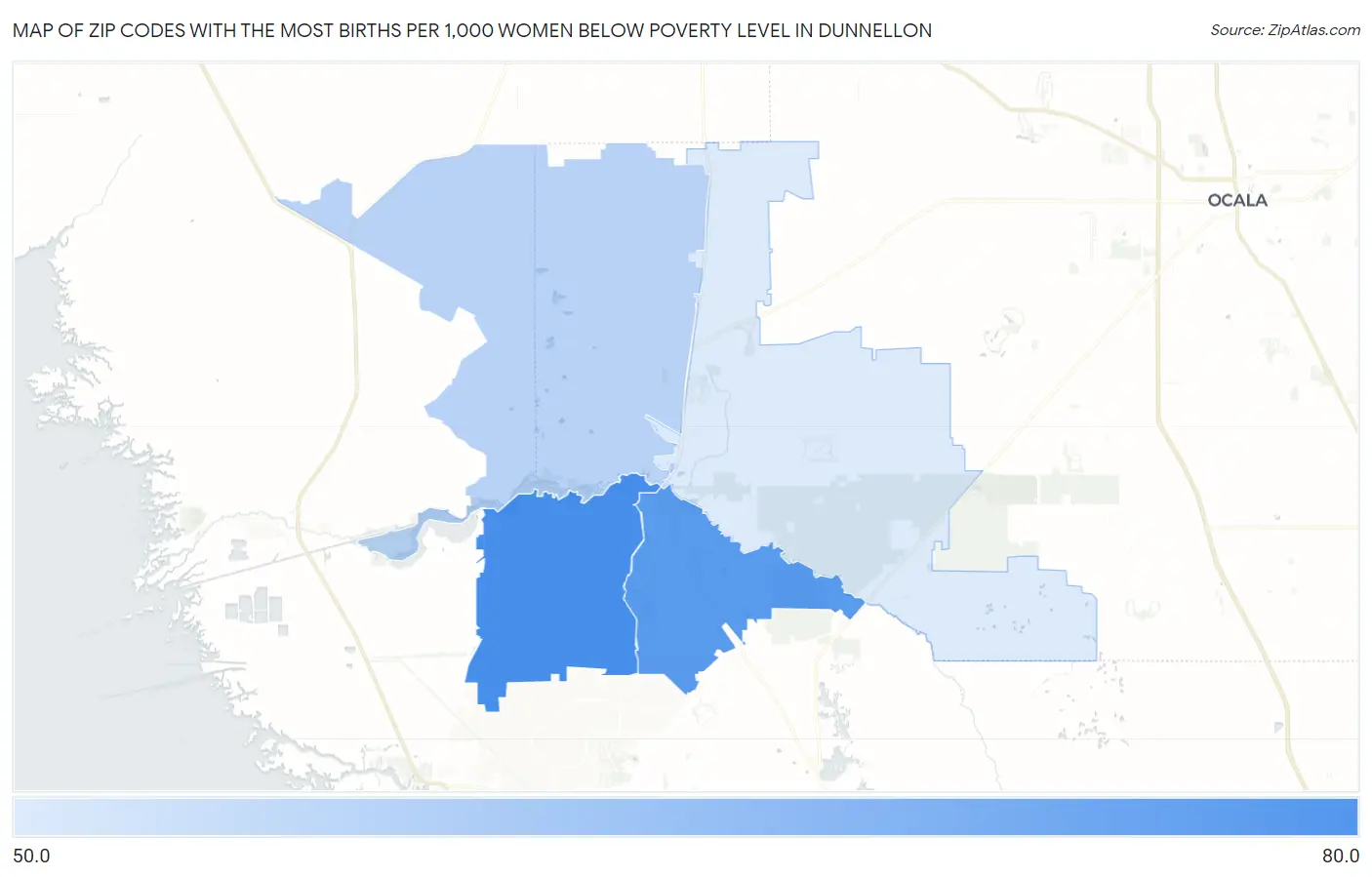 Zip Codes with the Most Births per 1,000 Women Below Poverty Level in Dunnellon Map