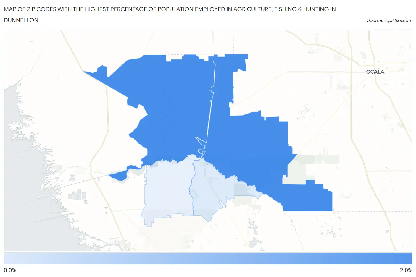 Zip Codes with the Highest Percentage of Population Employed in Agriculture, Fishing & Hunting in Dunnellon Map