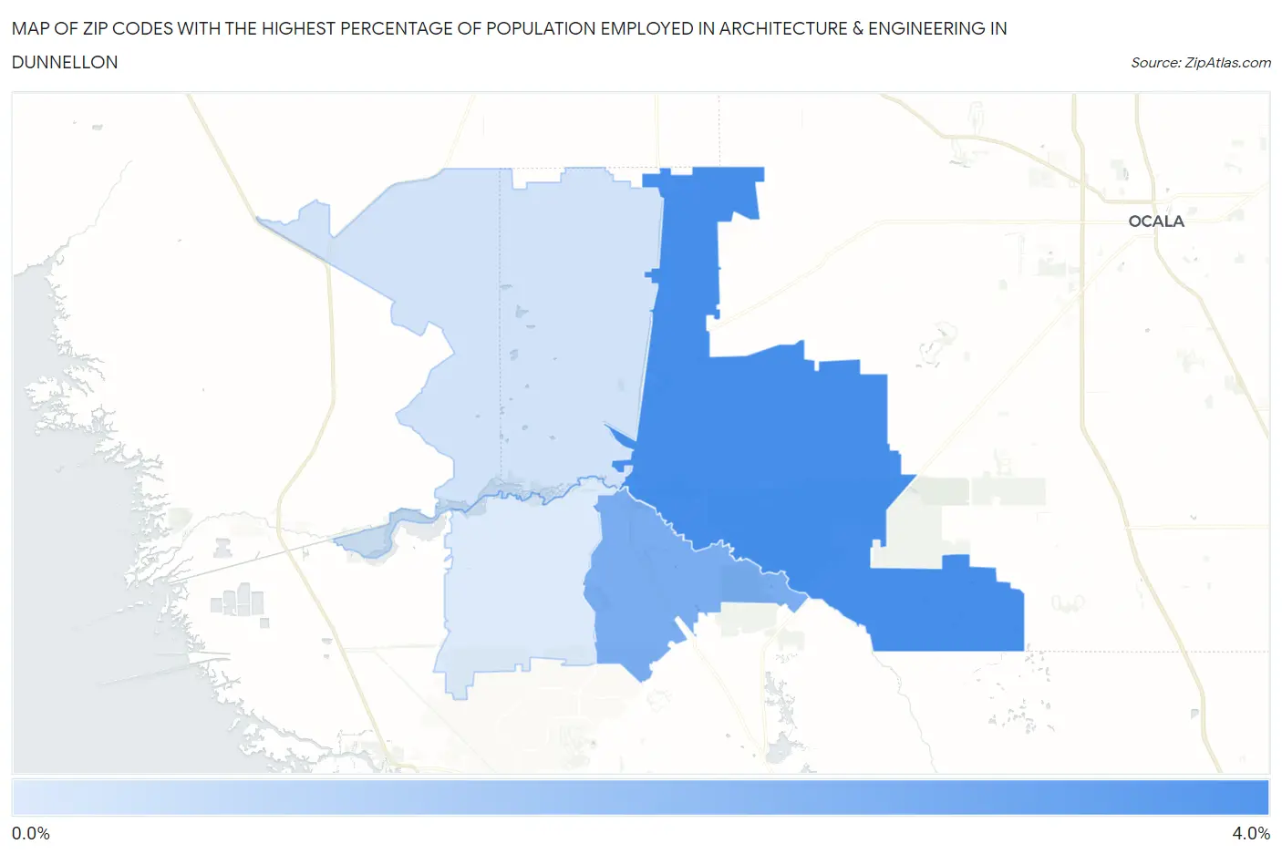 Zip Codes with the Highest Percentage of Population Employed in Architecture & Engineering in Dunnellon Map