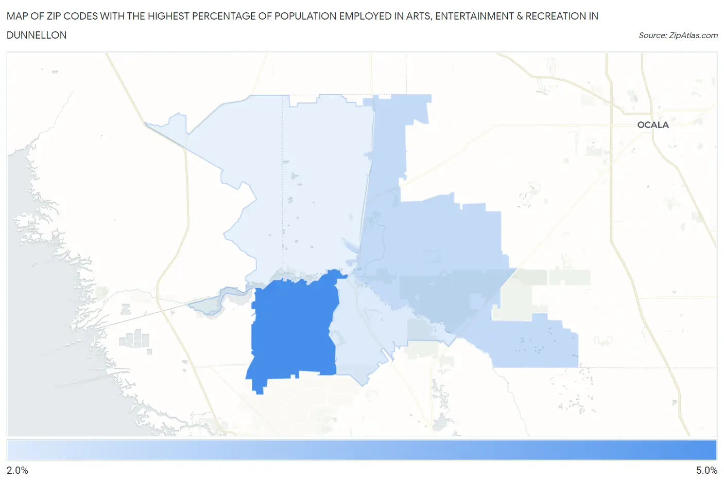 Zip Codes with the Highest Percentage of Population Employed in Arts, Entertainment & Recreation in Dunnellon Map