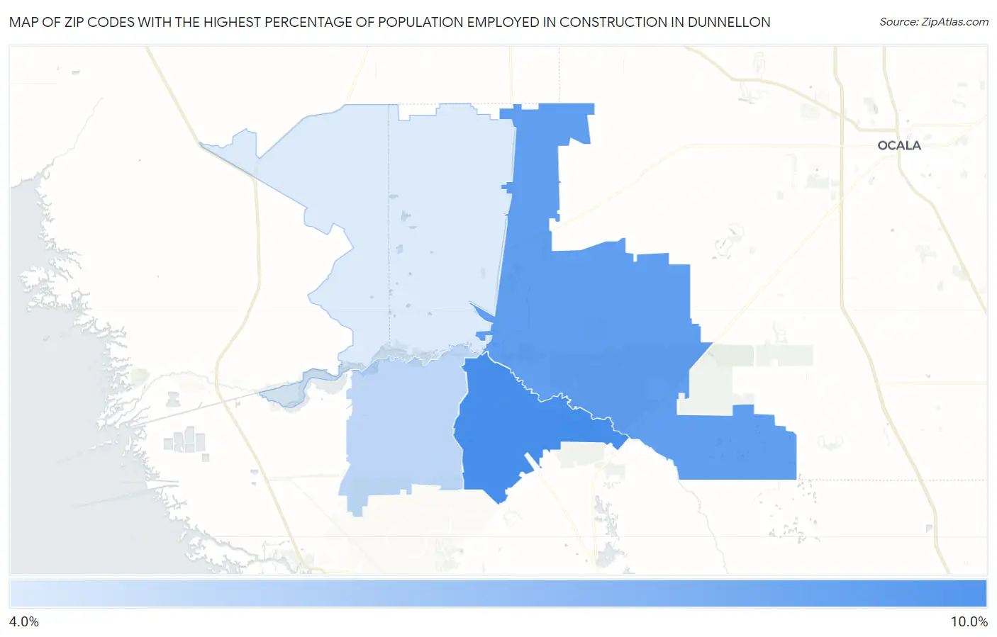 Zip Codes with the Highest Percentage of Population Employed in Construction in Dunnellon Map