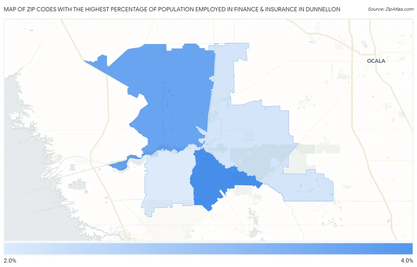 Zip Codes with the Highest Percentage of Population Employed in Finance & Insurance in Dunnellon Map
