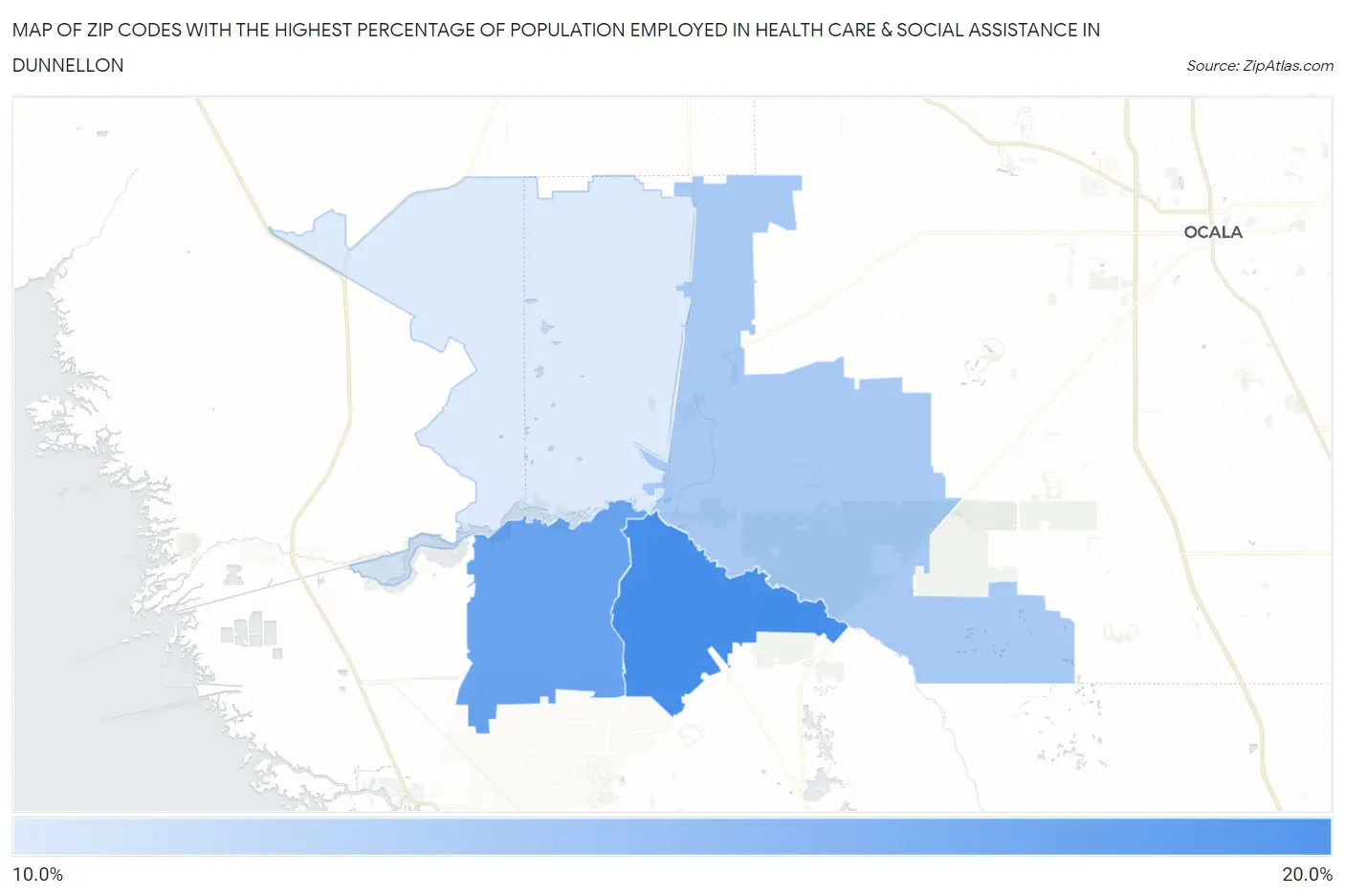 Zip Codes with the Highest Percentage of Population Employed in Health Care & Social Assistance in Dunnellon Map