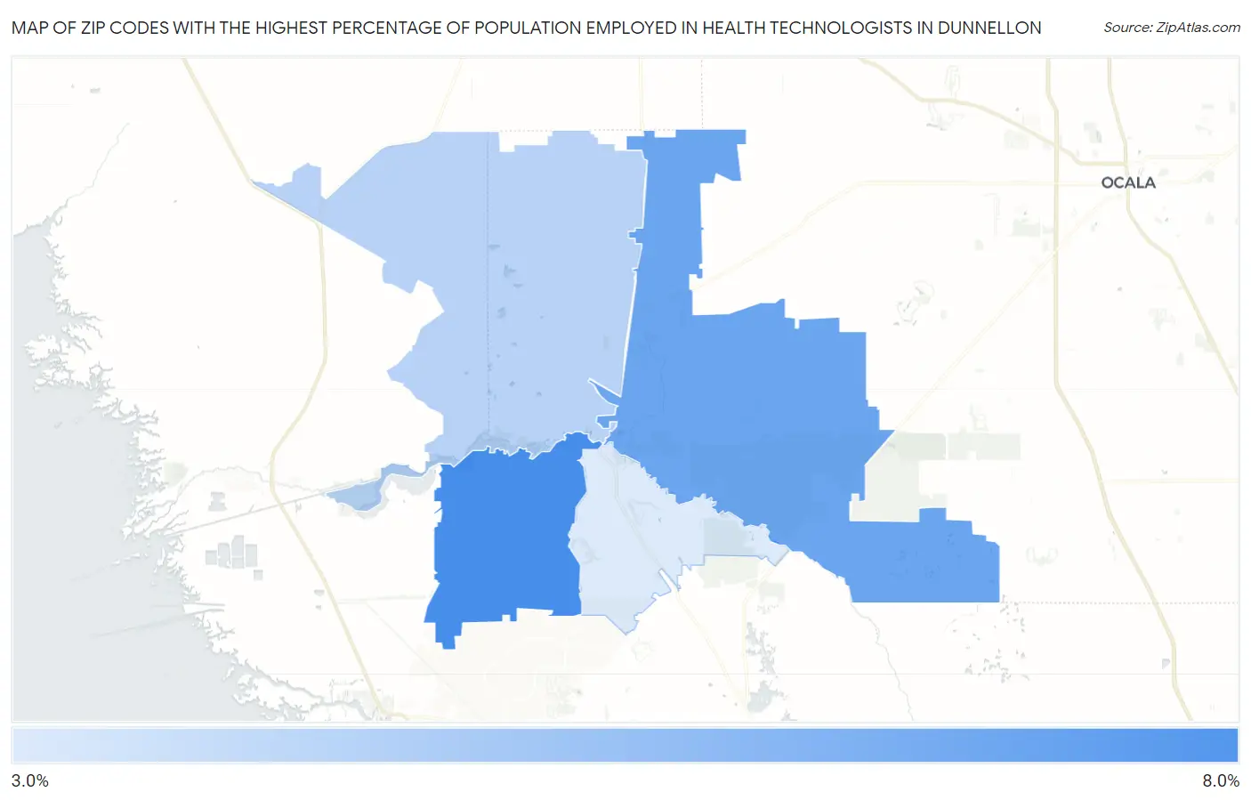Zip Codes with the Highest Percentage of Population Employed in Health Technologists in Dunnellon Map