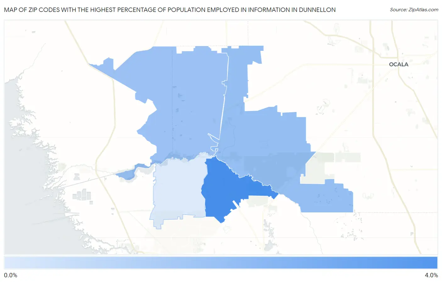 Zip Codes with the Highest Percentage of Population Employed in Information in Dunnellon Map